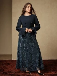 Anewsta Women's Fashion Spring/Autumn New 2 In 1 Sequin Lace Waistband Slimming Long Sleeve Navy Blue Plus Size Dress - Navy Blue - View 6