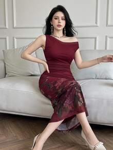 Feyla Women's Elegant Floral Print Asymmetrical Neck Ruffle Fitted Dress, Summer - Burgundy - View 2