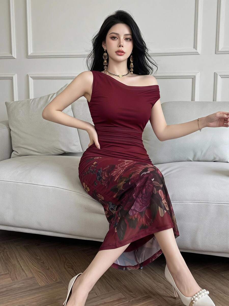 Feyla Women's Elegant Floral Print Asymmetrical Neck Ruffle Fitted Dress, Summer