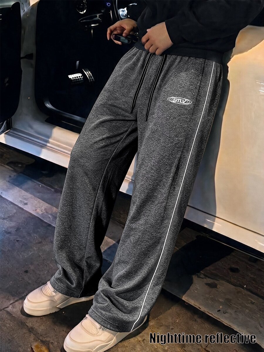 STEELVANCE Men's Letter Print Drawstring Waist Casual Loose Sweatpants - Dark Grey - View 1