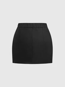 SHEIN MOD طقم بدلة كاجوال نسائي مكون من جاكيت بأكمام طويلة مزين بفيونكة وألوان متباينة مع تنورة قصيرة - الأسود - مشاهدة 6
