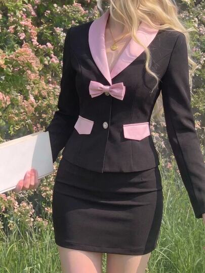 SHEIN MOD Women's Bow Decor Contrast Color Long Sleeve Jacket And Mini Skirt Casual Suit Set