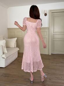 Feyla Women's Square Neck Short Sleeve Front Tie Fitted Elegant Midi Dress - Pink - View 3