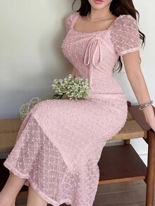 Feyla Women's Square Neck Short Sleeve Front Tie Fitted Elegant Midi Dress - Pink - View 6