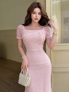 Feyla Women's Square Neck Short Sleeve Front Tie Fitted Elegant Midi Dress - Pink - View 2