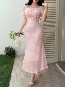 Feyla Women's Square Neck Short Sleeve Front Tie Fitted Elegant Midi Dress - Pink - View 4