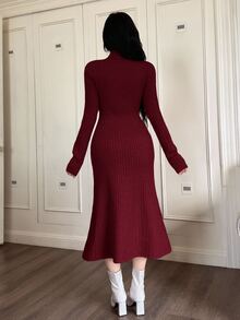 Feyla Women's Solid Color Fitted Long Sleeve Collared Casual Knit Sweater Dress, Versatile & Elegant Autumn Winter For Women - Burgundy - View 2
