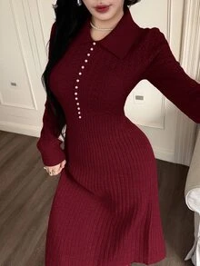 Feyla Women's Solid Color Fitted Long Sleeve Collared Casual Knit Sweater Dress, Versatile & Elegant Autumn Winter For Women - Burgundy - View 4