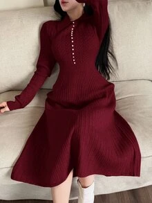 Feyla Women's Solid Color Fitted Long Sleeve Collared Casual Knit Sweater Dress, Versatile & Elegant Autumn Winter For Women - Burgundy - View 3