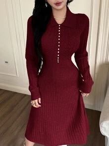 Feyla Women's Solid Color Fitted Long Sleeve Collared Casual Knit Sweater Dress, Versatile & Elegant Autumn Winter For Women - Burgundy - View 6