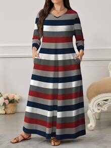 Lacomfia Women's Retro Striped Digital Print Casual Round Neck Long Sleeve Pocket Maxi Dress, Fashionable & Elegant Fall - Multicolor - View 3