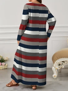 Lacomfia Women's Retro Striped Digital Print Casual Round Neck Long Sleeve Pocket Maxi Dress, Fashionable & Elegant Fall - Multicolor - View 2