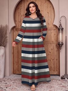 Lacomfia Women's Retro Striped Digital Print Casual Round Neck Long Sleeve Pocket Maxi Dress, Fashionable & Elegant Fall - Multicolor - View 1