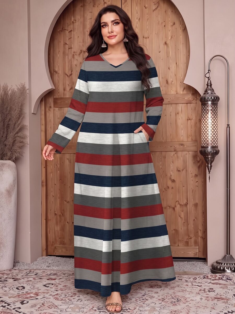 Lacomfia Women's Retro Striped Digital Print Casual Round Neck Long Sleeve Pocket Maxi Dress, Fashionable & Elegant Fall - Multicolor - View 1
