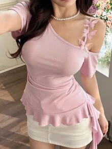 Feyla Women's Solid Color 3D Bow Decor Asymmetric Neck Ruched Waist Elegant Cute Top Garden Party Tea Party Date Soft Pink Summer - Pink - View 5