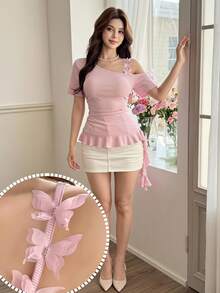Feyla Women's Solid Color 3D Bow Decor Asymmetric Neck Ruched Waist Elegant Cute Top Garden Party Tea Party Date Soft Pink Summer - Pink - View 2