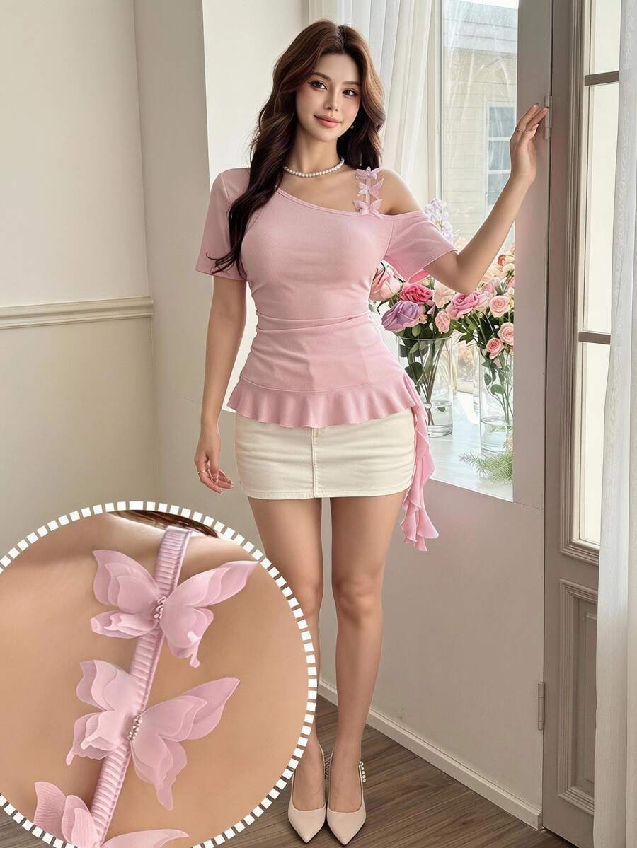 Feyla Women's Solid Color 3D Bow Decor Asymmetric Neck Ruched Waist Elegant Cute Top Garden Party Tea Party Date Soft Pink Summer