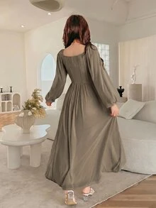Feyla Stylish Romantic Elegant Women's Flowy Long Sleeve Dress With Corset Bust And Beaded Waist Tea Party Date Olive Green Autumn - Coffee - View 3