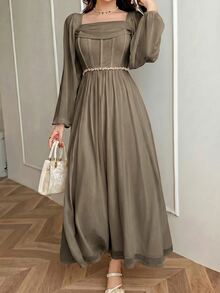 Feyla Stylish Romantic Elegant Women's Flowy Long Sleeve Dress With Corset Bust And Beaded Waist Tea Party Date Olive Green Autumn - Coffee - View 4