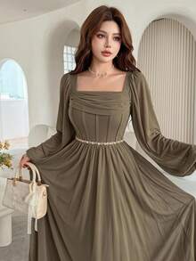 Feyla Stylish Romantic Elegant Women's Flowy Long Sleeve Dress With Corset Bust And Beaded Waist Tea Party Date Olive Green Autumn - Coffee - View 2