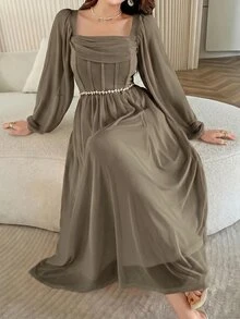 Feyla Stylish Romantic Elegant Women's Flowy Long Sleeve Dress With Corset Bust And Beaded Waist Tea Party Date Olive Green Autumn - Coffee - View 5