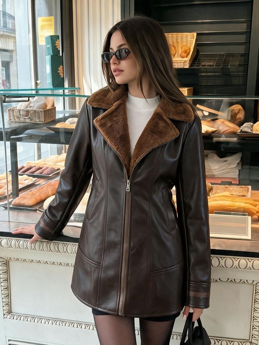 Struktiv Women Faux Leather Coat Furry Lapel Zipper Mid Length Jacket Retro Biker Outerwear Winter Brown - Coffee Brown - View 1