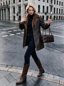 Struktiv Women Faux Leather Coat Furry Lapel Zipper Mid Length Jacket Retro Biker Outerwear Winter Brown - Coffee Brown - View 7