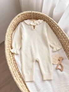 SHEIN 新生兒嬰兒卡通刺繡圖案休閒日常針織連身褲長褲 秋冬款 - 米色 - 查看 6