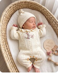 SHEIN 新生兒嬰兒卡通刺繡圖案休閒日常針織連身褲長褲 秋冬款 - 米色 - 查看 3