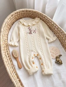 SHEIN 新生兒嬰兒卡通刺繡圖案休閒日常針織連身褲長褲 秋冬款 - 米色 - 查看 5