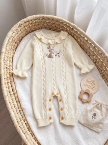 SHEIN 新生兒嬰兒卡通刺繡圖案休閒日常針織連身褲長褲 秋冬款 - 米色 - 查看 4