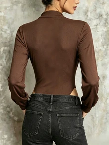 CHARMVALE Women's Brown Contrast Lace Trim Elegant Long Sleeve Bodysuit - Brown - View 2