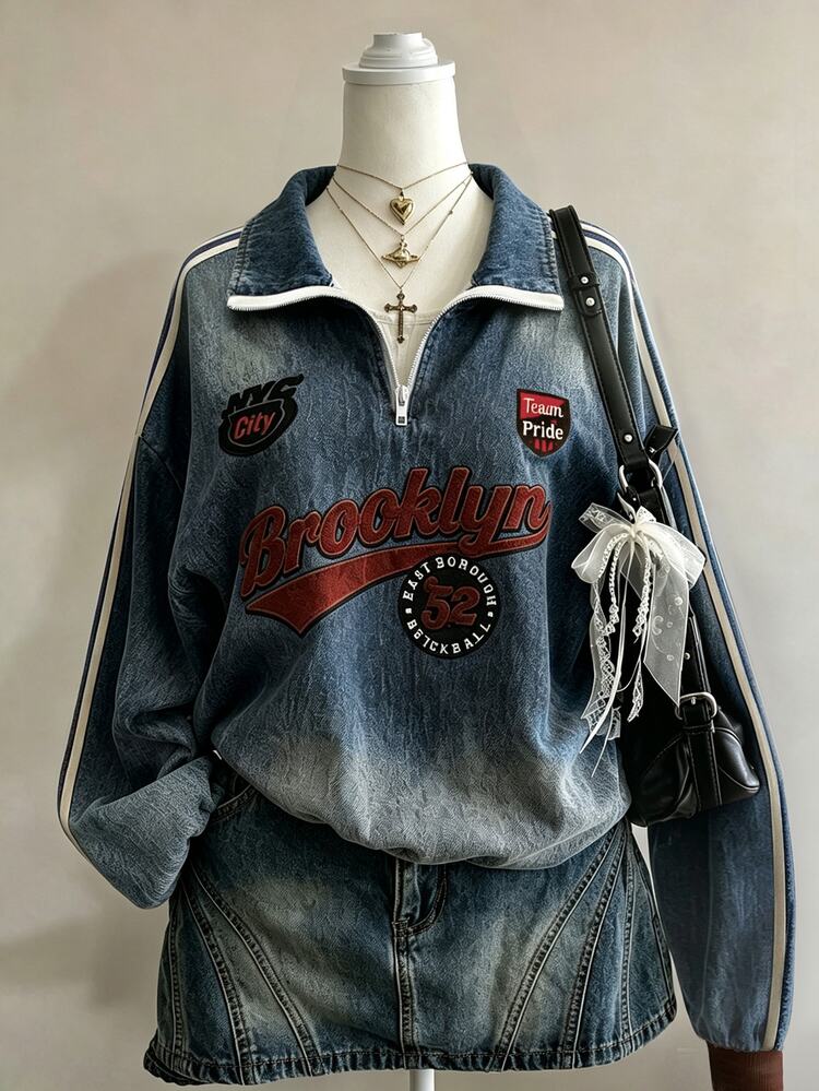 Collagica Collagica [Denim Effect] Vintage Worn Denim Effect Half-Zip Sweatshirt For Women, Spring And Autumn, Letter Print With Side Stripe, Loose Pullover Top - Grey - View 5