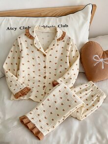 Teen Girls Light Yellow Cotton 2Pcs Pajama Set, Heart Print, Ruffle Collar & Cuffs, Button Front Soft Comfort Fabric, Fall Winter Christmas Loungewear - Khaki - View 1