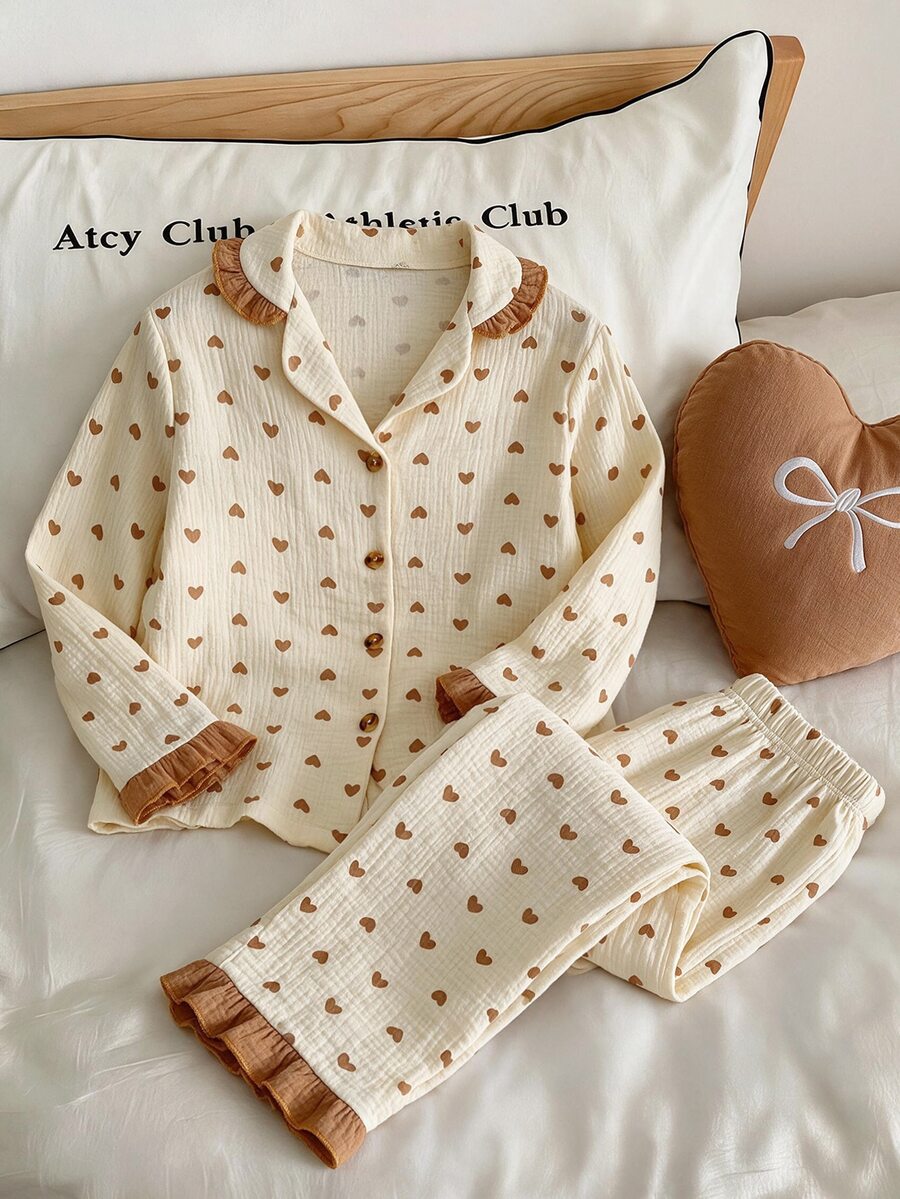 Teen Girls Light Yellow Cotton 2Pcs Pajama Set, Heart Print, Ruffle Collar & Cuffs, Button Front Soft Comfort Fabric, Fall Winter Christmas Loungewear - Khaki - View 1