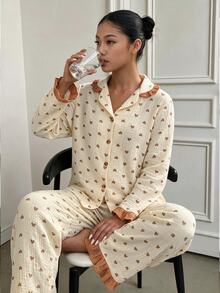 Teen Girls Light Yellow Cotton 2Pcs Pajama Set, Heart Print, Ruffle Collar & Cuffs, Button Front Soft Comfort Fabric, Fall Winter Christmas Loungewear - Khaki - View 4