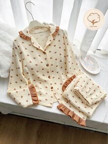 Teen Girls Light Yellow Cotton 2Pcs Pajama Set, Heart Print, Ruffle Collar & Cuffs, Button Front Soft Comfort Fabric, Fall Winter Christmas Loungewear - Khaki - View 3