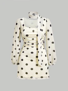 SHEIN MOD Plus Size Women's Elegant Commute Polka Dot Print Satin Ribbon Mini Dress Fall - Apricot - View 2
