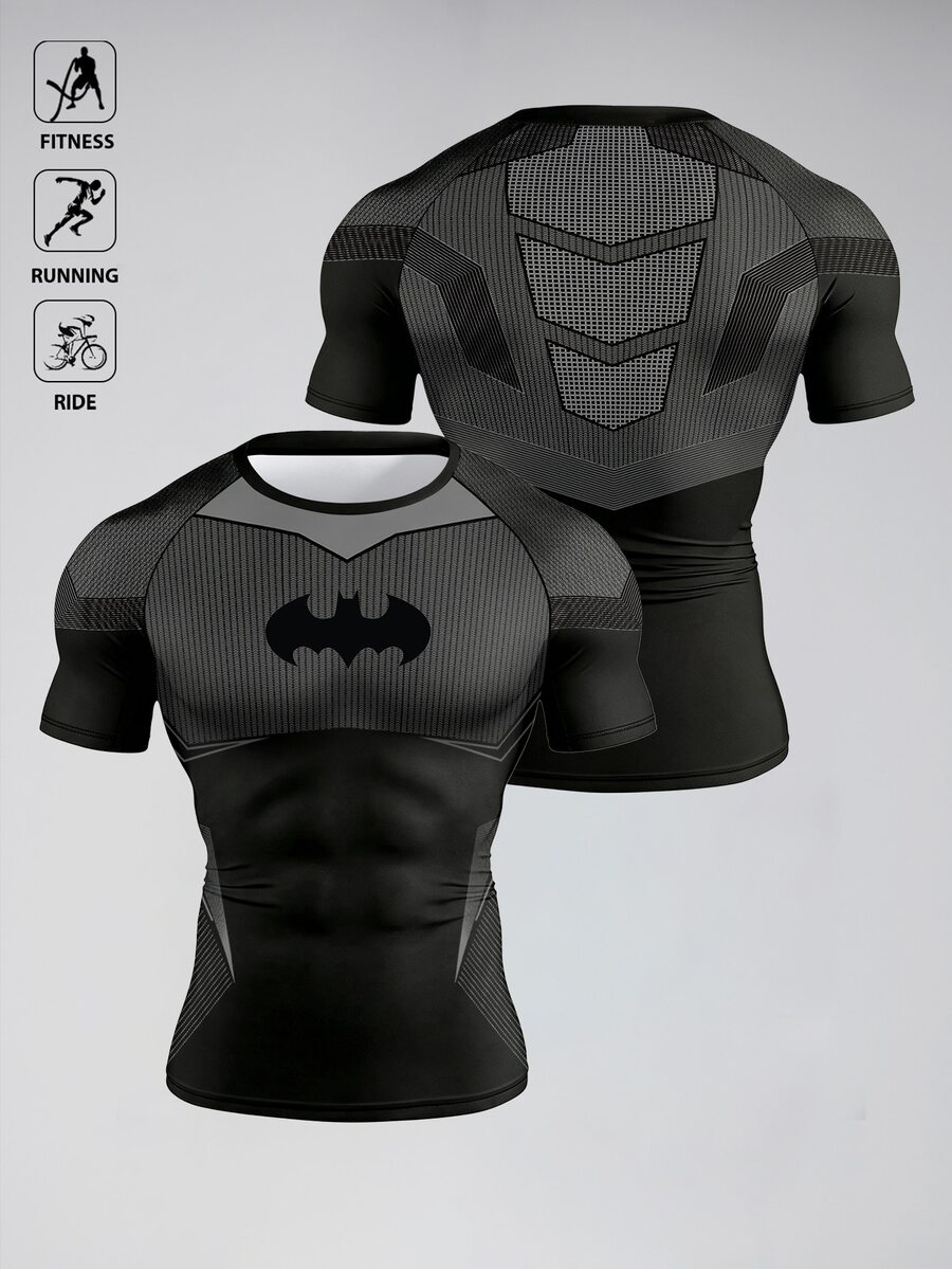 BATMAN X SHEIN تي شيرت رياضي رجالي بطبعة خفافيش، أكمام قصيرة، قصة ضيقة، للجيم - متعدد الألوان - مشاهدة 1