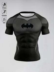BATMAN X SHEIN تي شيرت رياضي رجالي بطبعة خفافيش، أكمام قصيرة، قصة ضيقة، للجيم - متعدد الألوان - مشاهدة 4