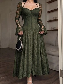 Feyla 女款蕾絲百褶優雅收腰中長洋裝派對禮服 - 軍綠色 - 查看 5