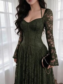 Feyla 女款蕾絲百褶優雅收腰中長洋裝派對禮服 - 軍綠色 - 查看 6