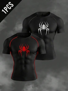Gym Rark Men's Spider Print Compression Shirt,Black And Red Summer Athleisure Gym T-Shirt,4-Way Stretch Sweat-Wicking Raglan Sleeve Slim Fit Workout Training - Black - View 1