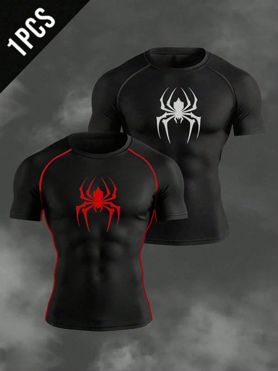 Gym Rark Men's Spider Print Compression Shirt,Black And Red Summer Athleisure Gym T-Shirt,4-Way Stretch Sweat-Wicking Raglan Sleeve Slim Fit Workout Training - Black - View 1
