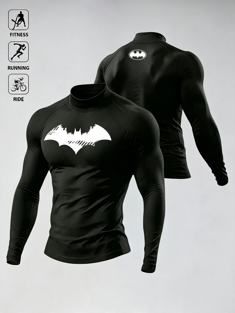 BATMAN X SHEIN Men's Bat Print Slim Fit Long Sleeve Sports T-Shirt, Gym - Black - View 1