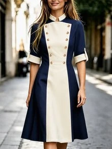Balvessa Women's Autumn Navy Blue Colorblock Metal Buckle Versatile Casual Fashion Midi Dress - Multicolor - View 3
