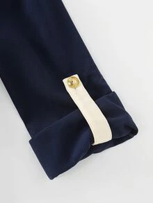 Balvessa Women's Autumn Navy Blue Colorblock Metal Buckle Versatile Casual Fashion Midi Dress - Multicolor - View 8