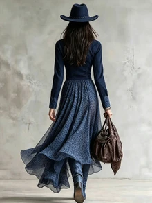 Glimmora 女款秋季復古波希米亞西式時尚純色拼接不對稱豹紋下擺長袖連身裙 度假風 - 藍色 - 查看 2