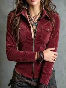 Glimmora Bohemian Western Style Burgundy Zipper Long Sleeve Vintage Shirt - Burgundy - View 6