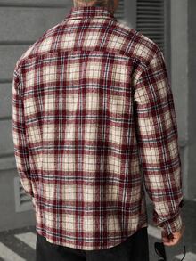 Manfinity Roughcore Men's Loose-Fit Burgundy Plaid Long-Sleeve Shirt Jacket With Single Pocket – American Retro Collegiate Style, Casual Streetwear, Holiday Edition - Burgundy - View 2